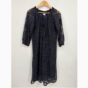 Garnet Hill Boheme Easy Lace Dress in Navy, Size 12, 3/4 Bishop Sleeve, Tie Neck